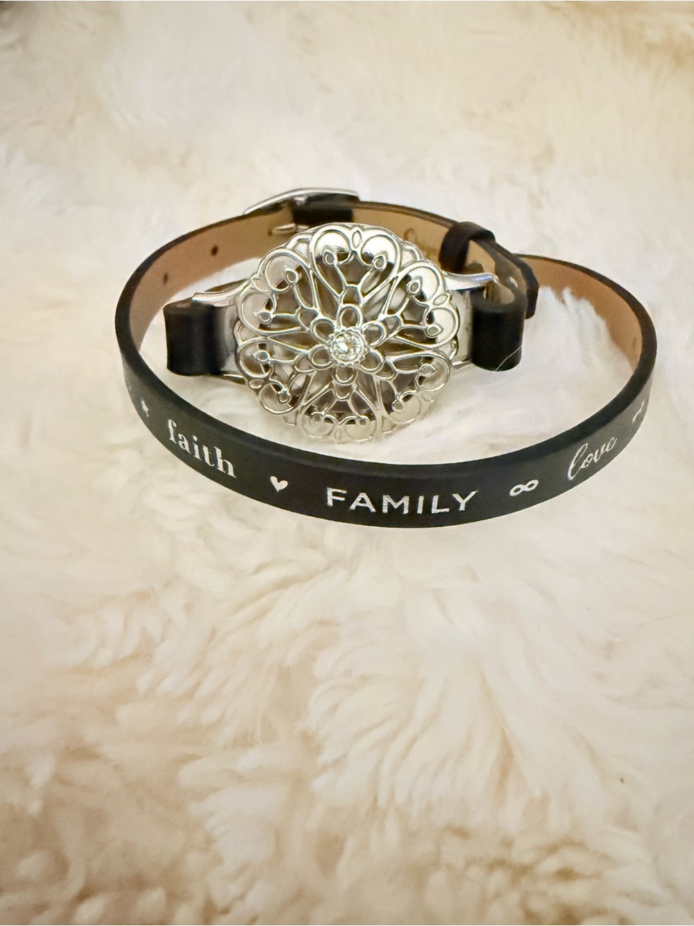 Origami Owl Black Leather Wrap Bracelet with Silver Floral Medallion